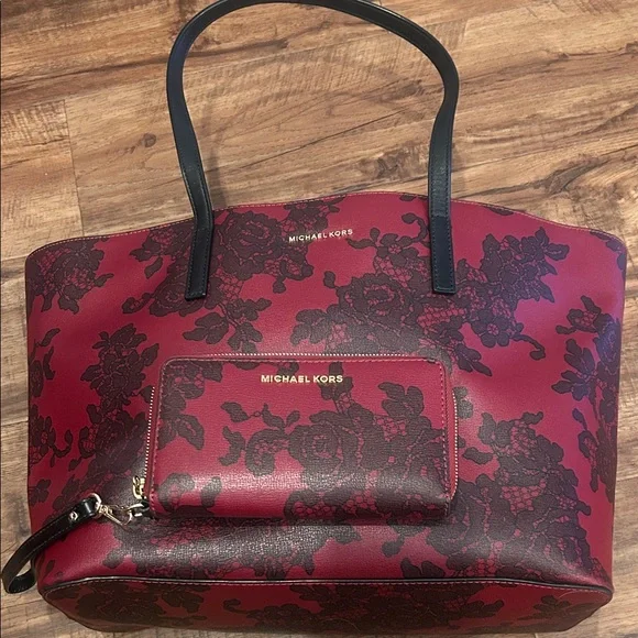 Michael Kors Burgundy Floral Tote and Wristlet Wallet Combo - Picture 1 of 8